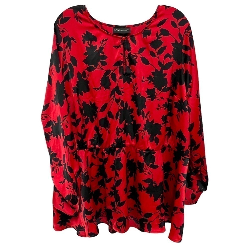 LANE BRYANT Elegant Black & Red Floral Career Blouse, Keyhole Button, Size 24
